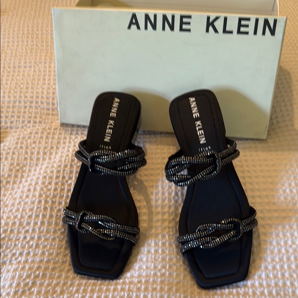 Anne Klein Black Slide Sandals with Square-Toe Design